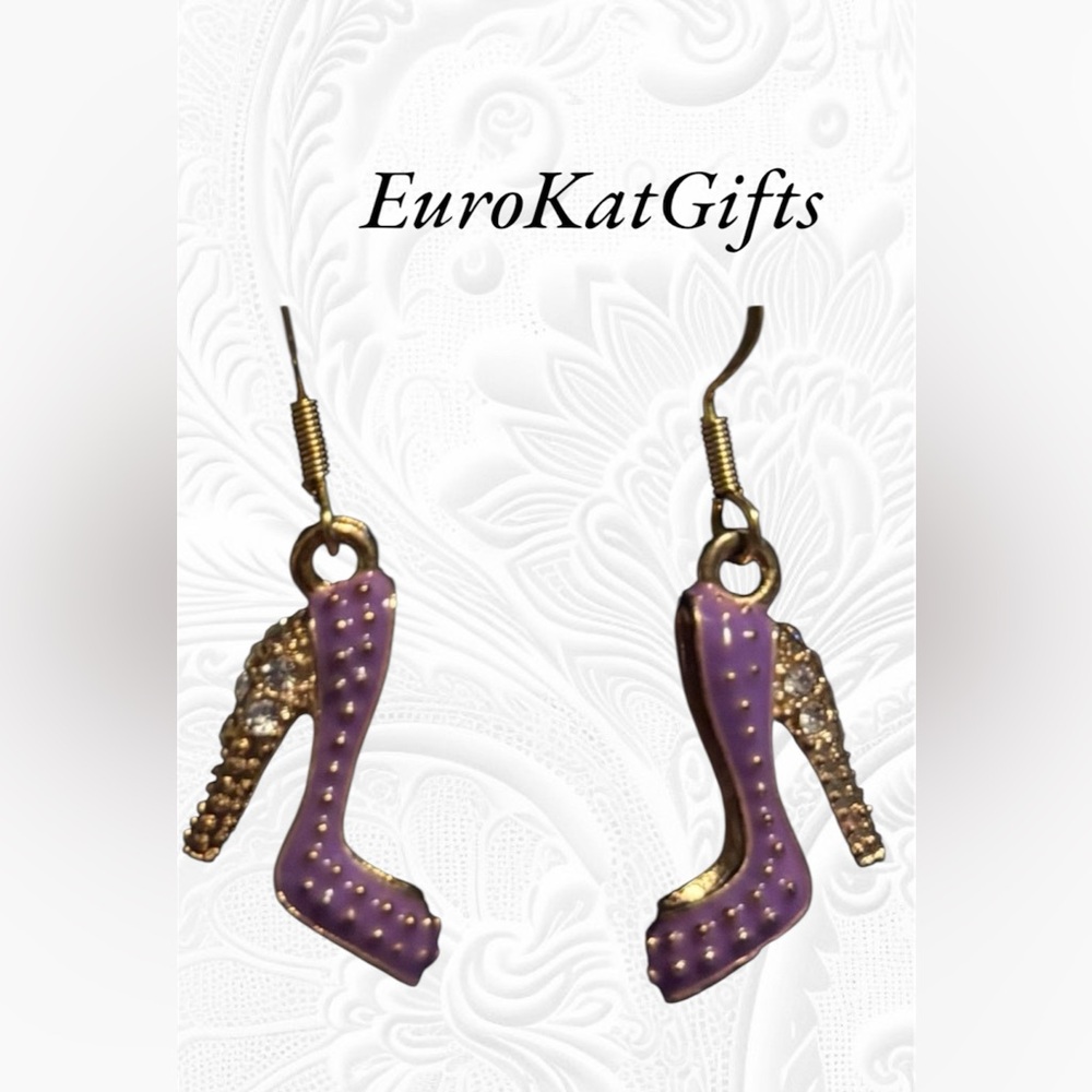 High Heel Earrings Purple and Gold NEW Handcrafted on Earwires Hoops available